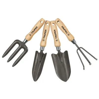Set 4 Herramientas De Jardín Mango De Madera Y Organizador Truper