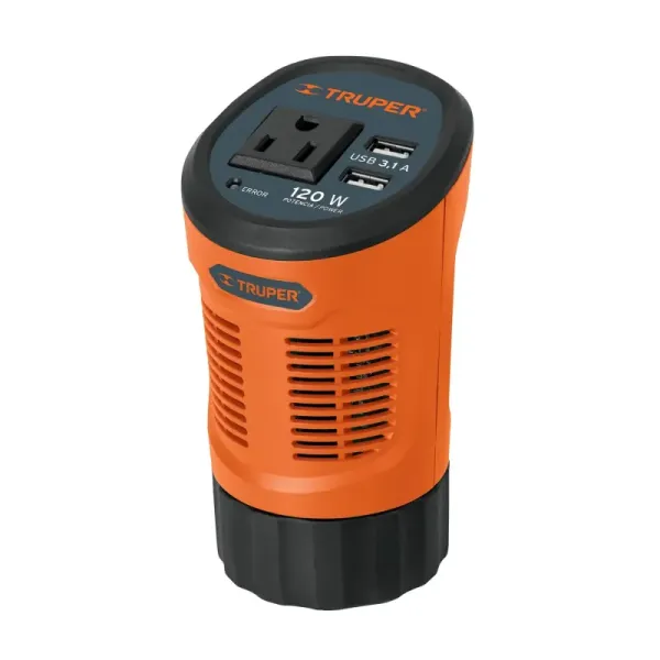 Inversor De Corriente Tipo Vaso De 120 W Con 1 Toma Y 2 Usb Truper (INCO-120 - 15725)